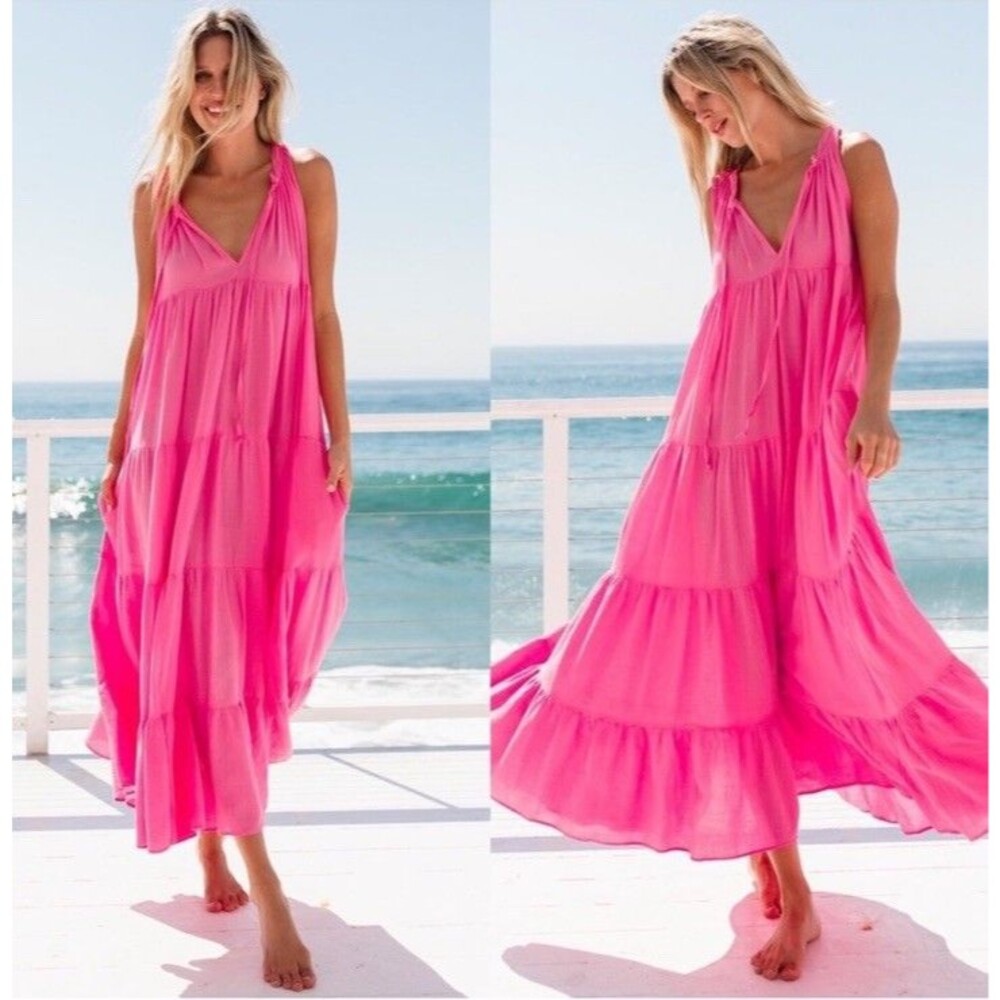 9 Seed Resort Lighthouse Dress M/L Pink Tiered Midi Long Sleeveless Shift Swing